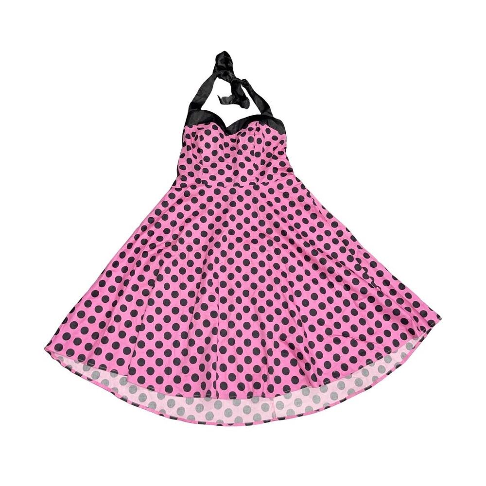 Dress Tells Rockabilly Halter Dress Pink & Black Polkadots Retro Pinup Swing